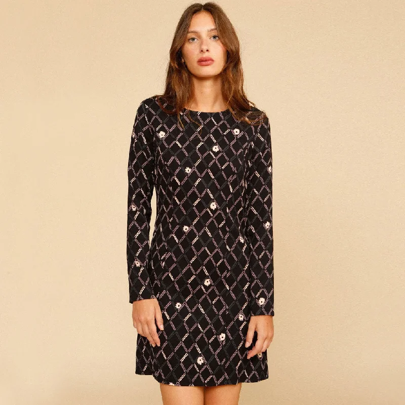 Women's Layered Outfit Vintage Geometric Printed Long Sleeve Scoop Neck Mini Dress - Black