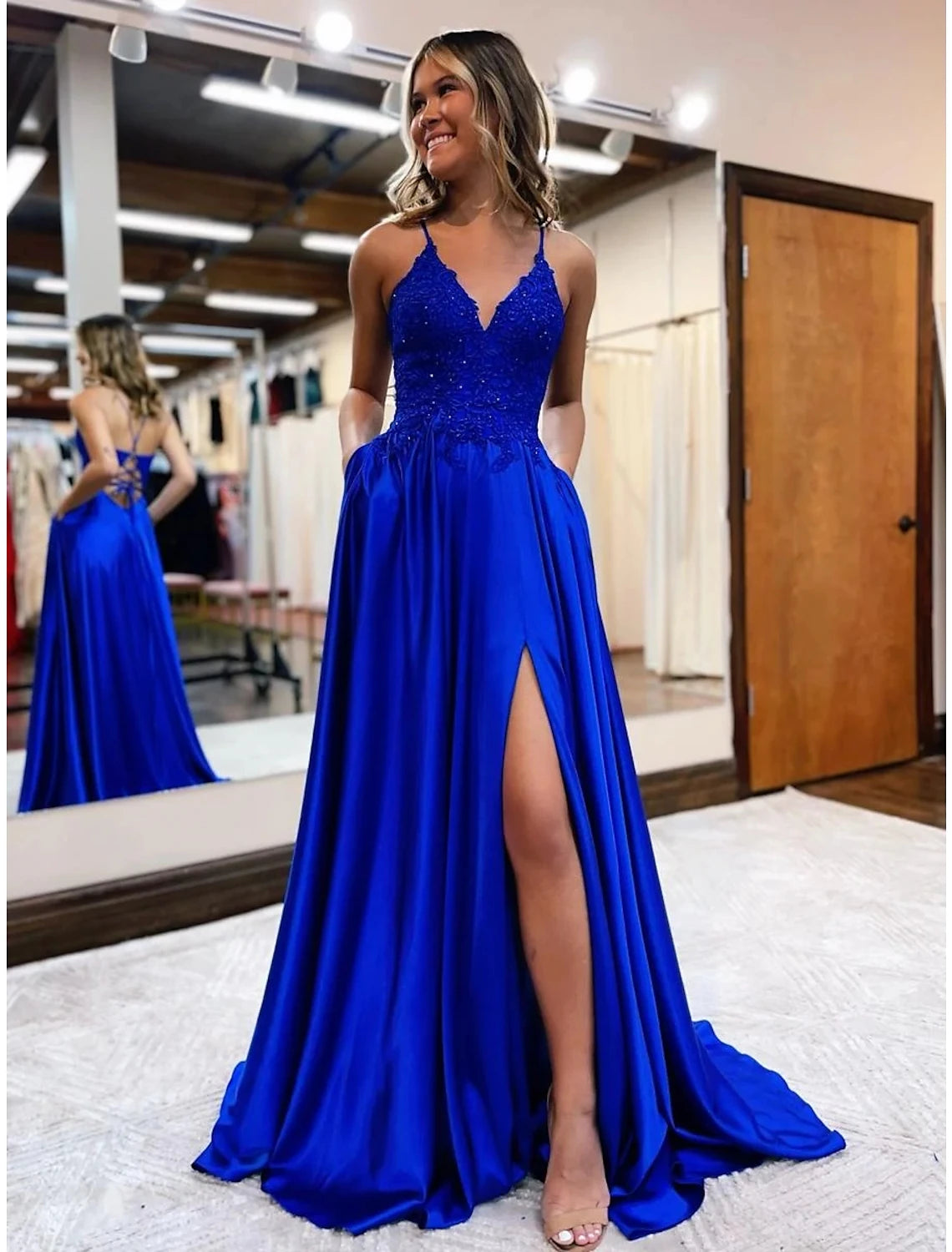 Women's Clothes And Apparel A-Line Prom Dresses Empire Dress Formal Wedding Guest Court Train Sleeveless V Neck Satin Backless with Beading Appliques