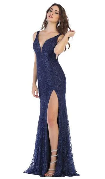 Women's High-Fashion Apparel May Queen - Plunging V-Neck High Slit Lace Gown MQ1624 - 1 pc Navy In Size 2 Available