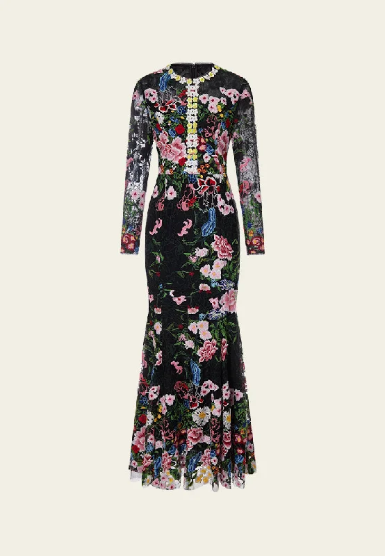 Women's Occasion Wear Apparel Slim-fit Fishtail Floral Embroidered Mesh Dress