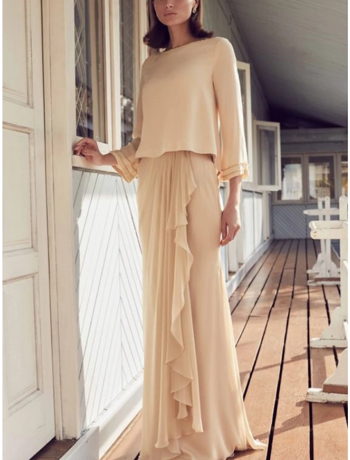 Women's Chic Apparel Sheath / Column Mother of the Bride Dress Wedding Guest Simple Elegant Scoop Neck Floor Length Chiffon Long Sleeve with Pleats Ruffles