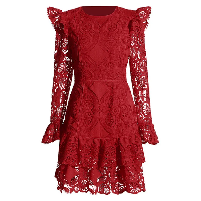 Timeless Women's Apparel Elegant Crew Neck Bell Sleeve Ruffle Tiered Guipure Lace Mini Dress