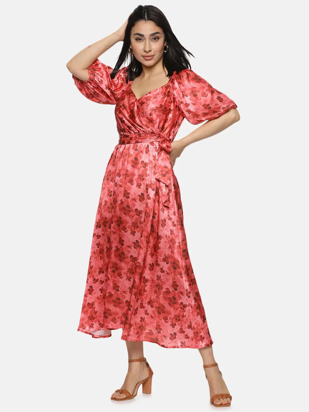 Women's Party Outfit Floral Red Wrap Midaxi Dress