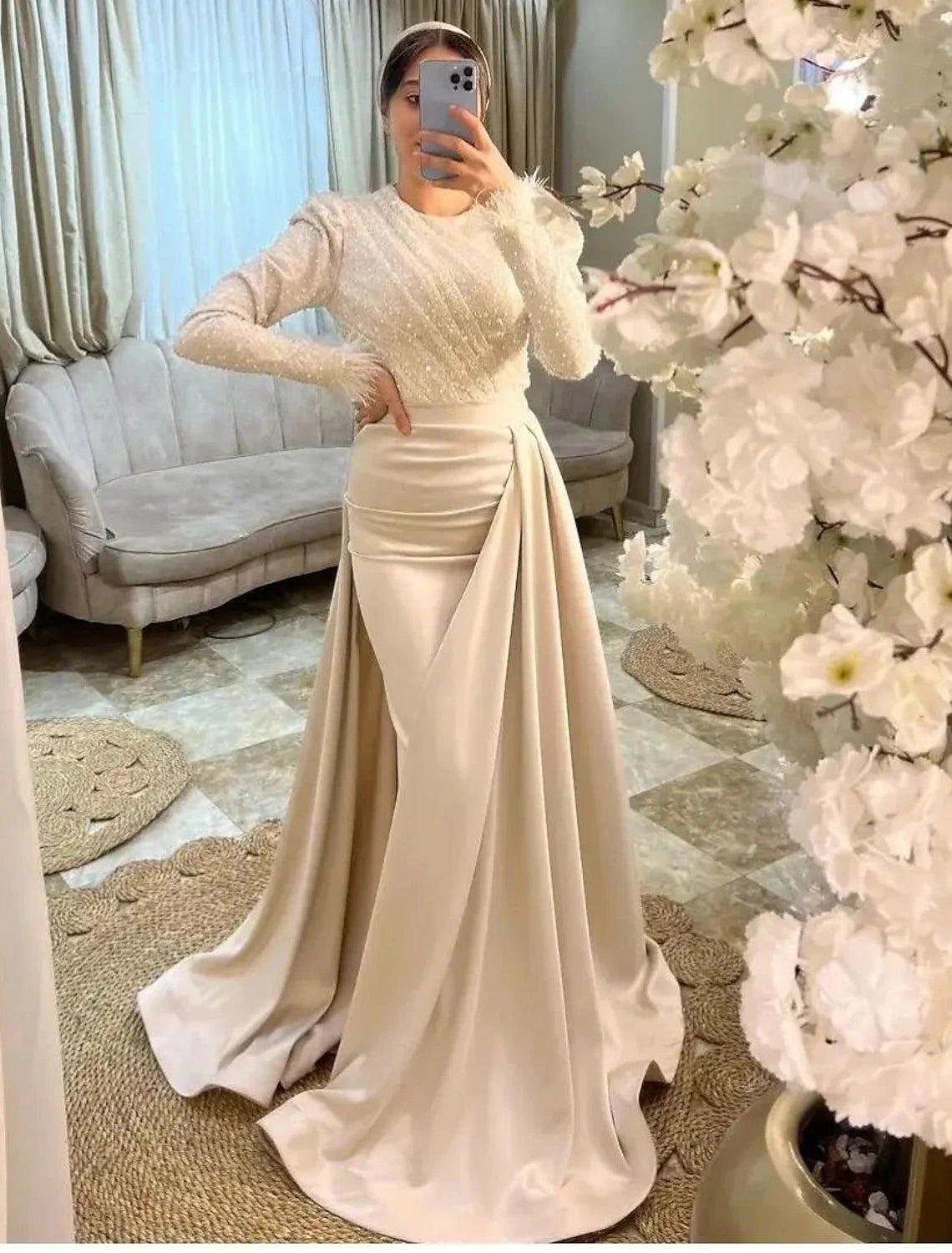 Women's Outfit Mermaid / Trumpet Evening Gown Elegant Dress Formal Black Tie Floor Length Long Sleeve Jewel Neck Fall Wedding Guest Satin with Feather Ruched Overskirt