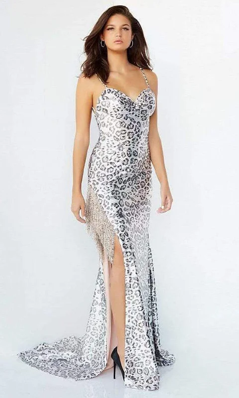 Stylish Women's Garments For Holidays Jovani - 28285 Dangling Stud Slit Animal Print Gown