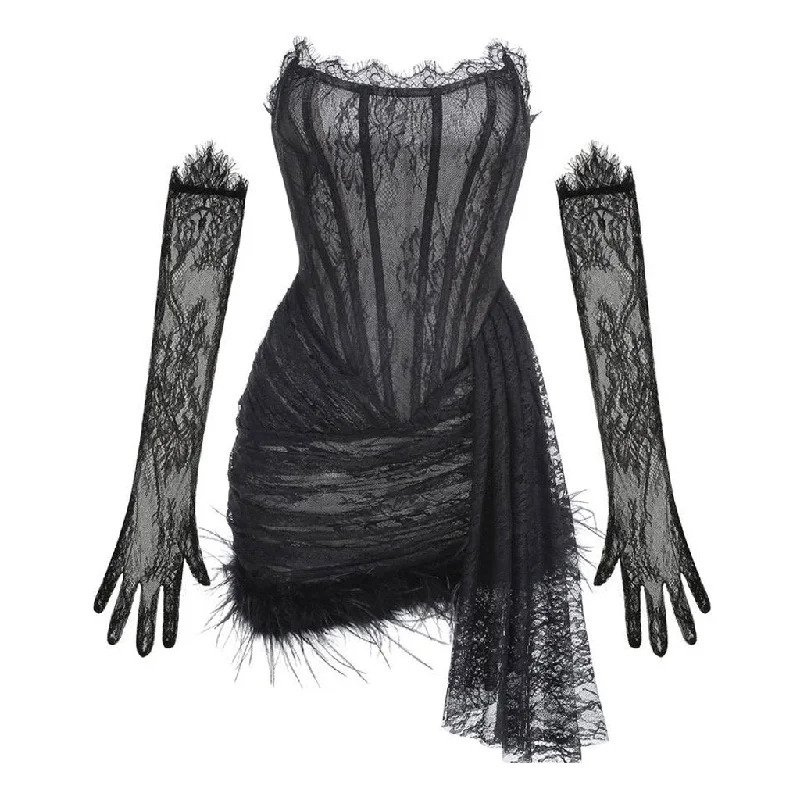 Women's Functional Outdoor Garments Romantic Lace Strapless Corset Drop Waist Draped Faux Feather Trim Mini Dress