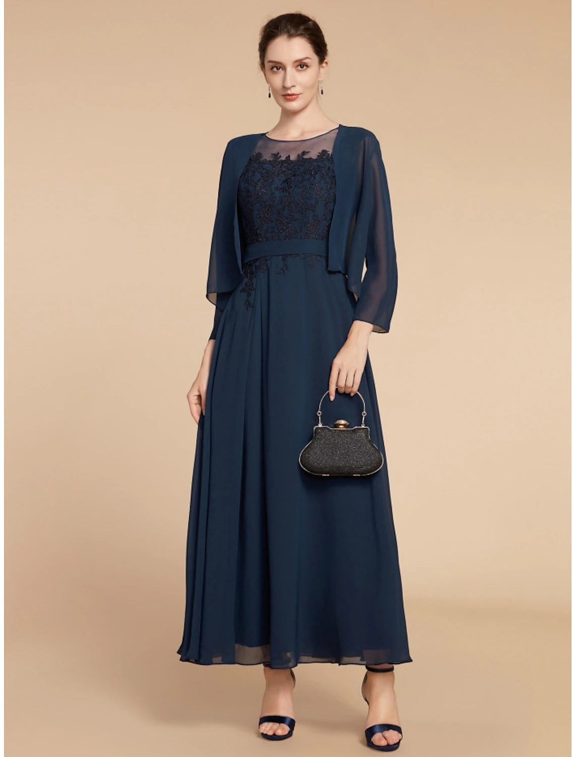 Women's Everyday Clothes A-Line Mother of the Bride Dress Wedding Guest Elegant Jewel Neck Ankle Length Chiffon Lace Long Sleeve with Ruching Solid Color