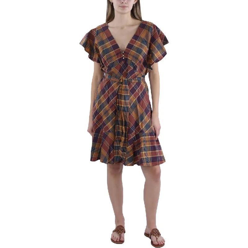 Women's Clothing For Everyday Wear Lauren Ralph Lauren Womens Plaid Flutter Sleeve Mini Dress