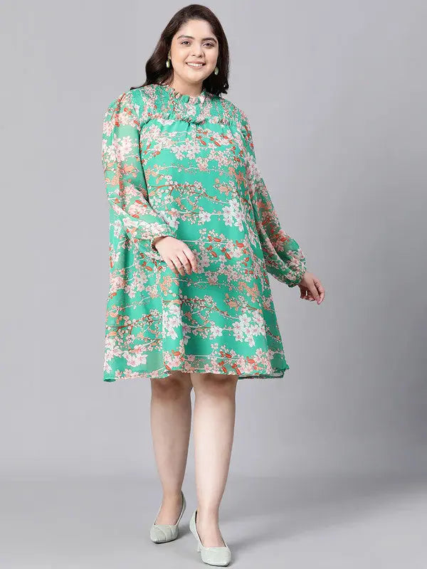 Women's Effortless Casual Outfit Women Plus Size Green Floral Print Smocked Round Neck Long Sleeve Dress