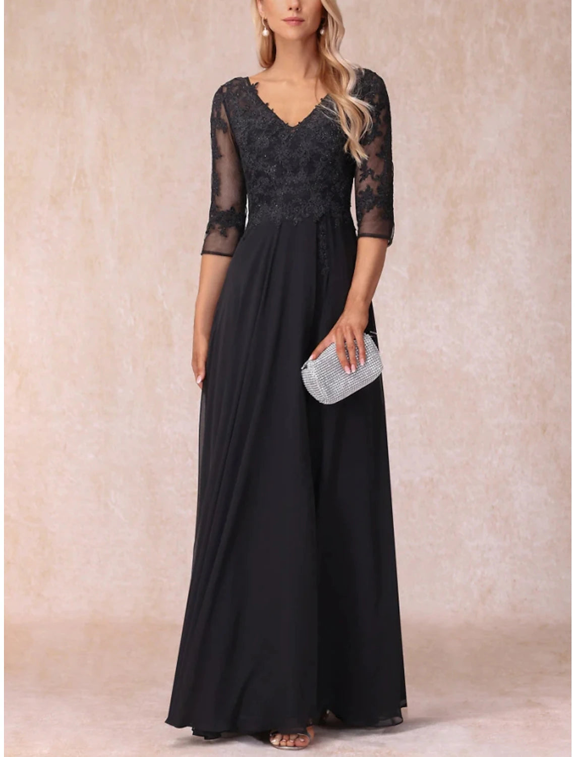 Women's Activewear Attire A-Line Mother of the Bride Dress Wedding Guest Elegant V Neck Floor Length Chiffon Lace 3/4 Length Sleeve with Ruching Solid Color