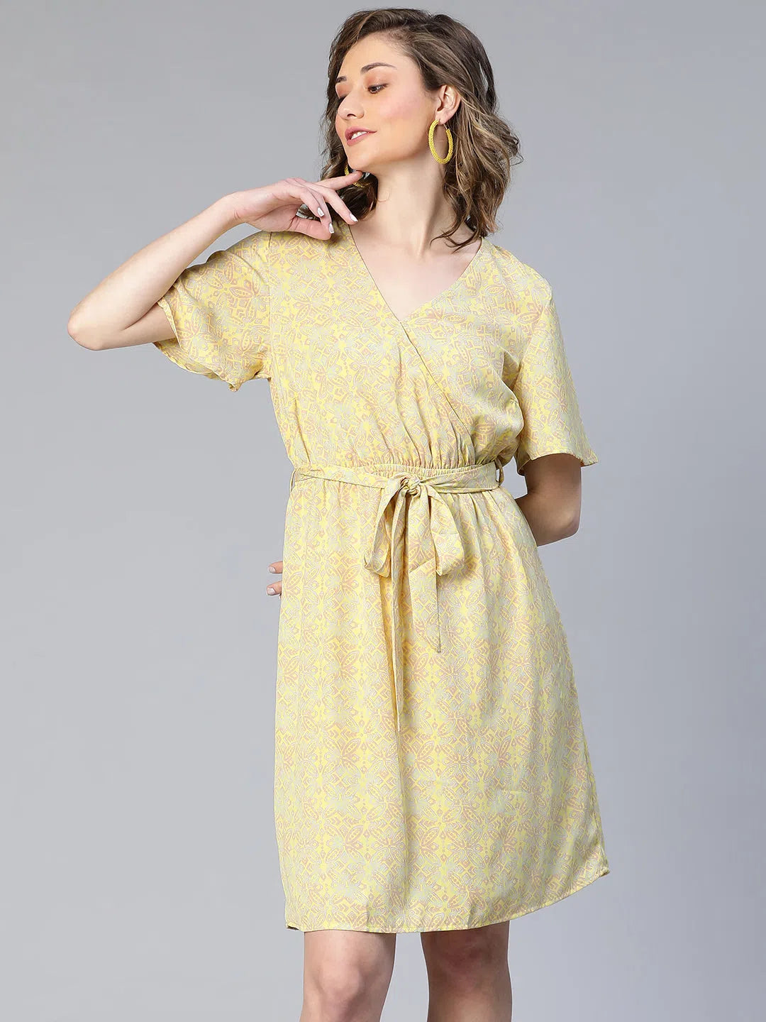 Women's Holiday Clothes Dearly Yellow Floral Print Belted Women Dress