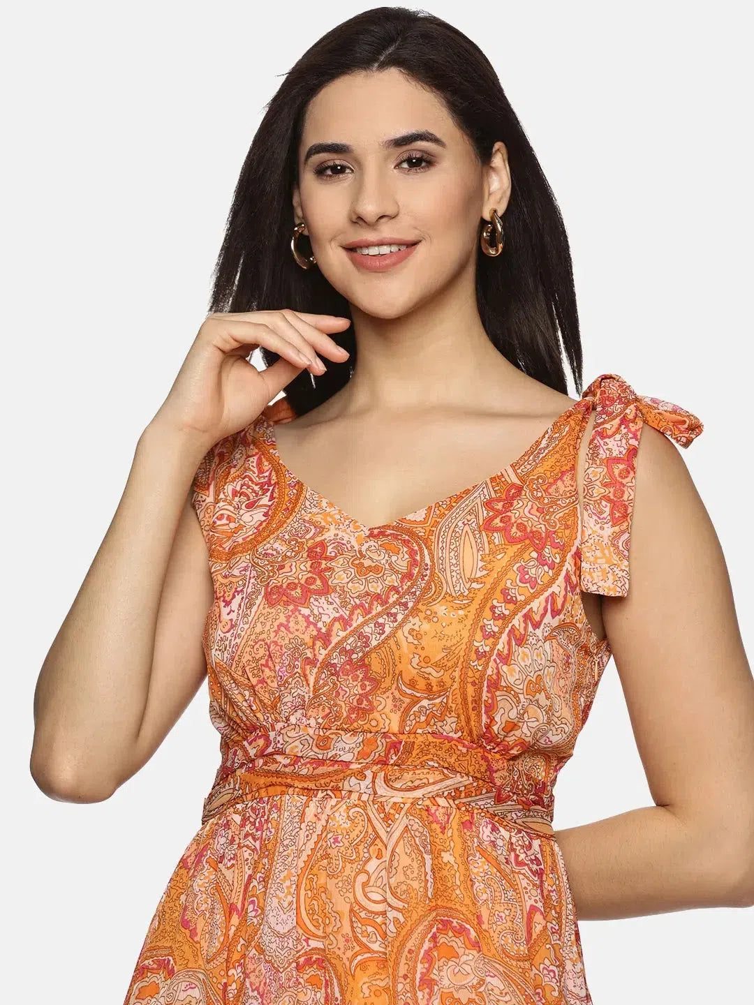 Women's Classic Outfit Floral Orange Tie-up Detailed Maxi Dress-17350