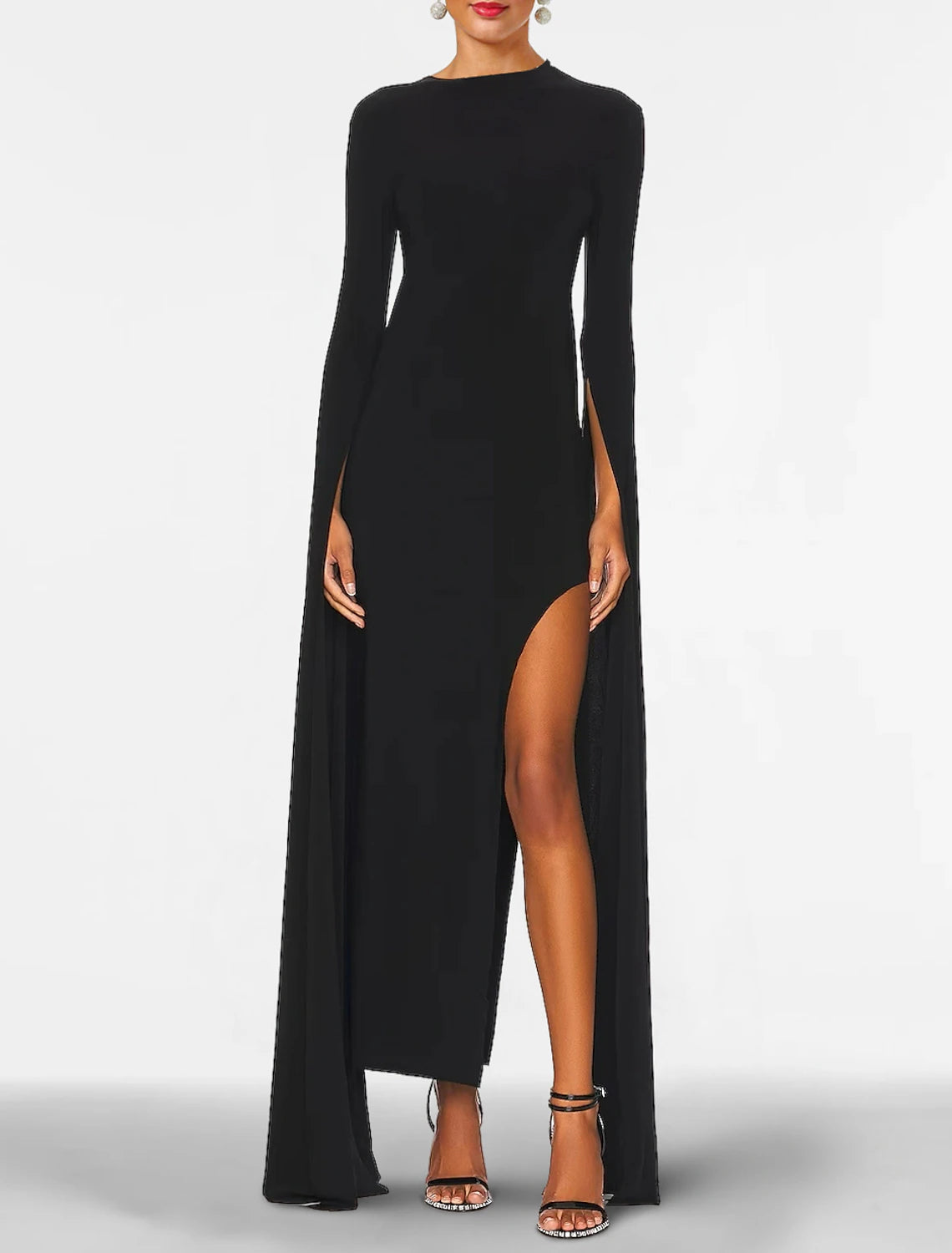 Women's Fashion-Forward Apparel Sheath Black Dress Evening Gown Open Back Dress Formal Wedding Guest Floor Length Long Sleeve Jewel Neck Capes Stretch Chiffon with Shawl