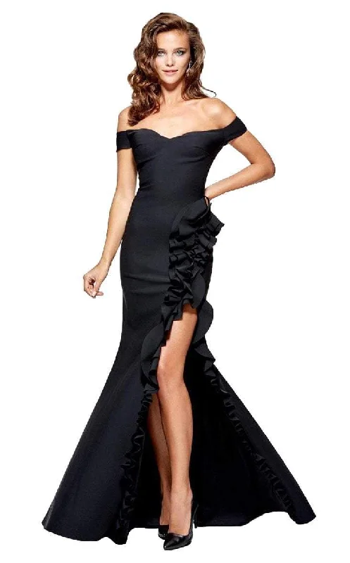 Women's Evening Garments Tarik Ediz - 93168 Off The Shoulder Ruffle Detail Gown - 1 pc Sax in Size 14 Available