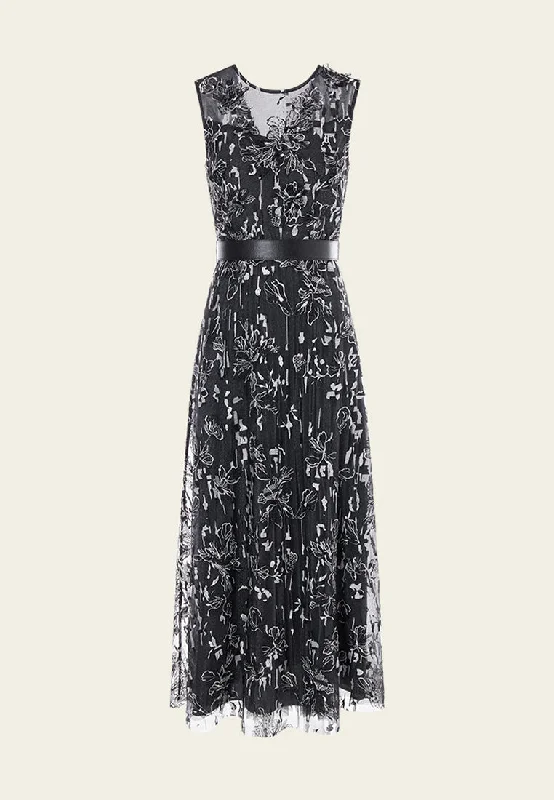 Women's Work Apparel Black Floral Mesh Sleeveless Dress with Belt