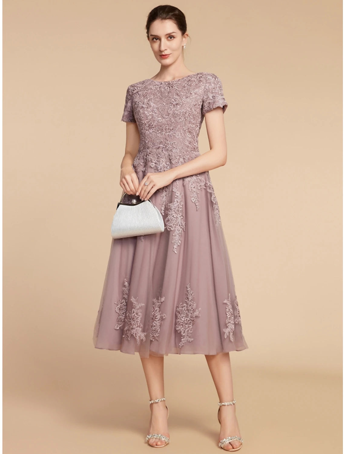 Women's Elegant Clothing Sets A-Line Mother of the Bride Dress Wedding Guest Elegant Petite Jewel Neck Tea Length Lace Tulle Short Sleeve with Ruching Flower