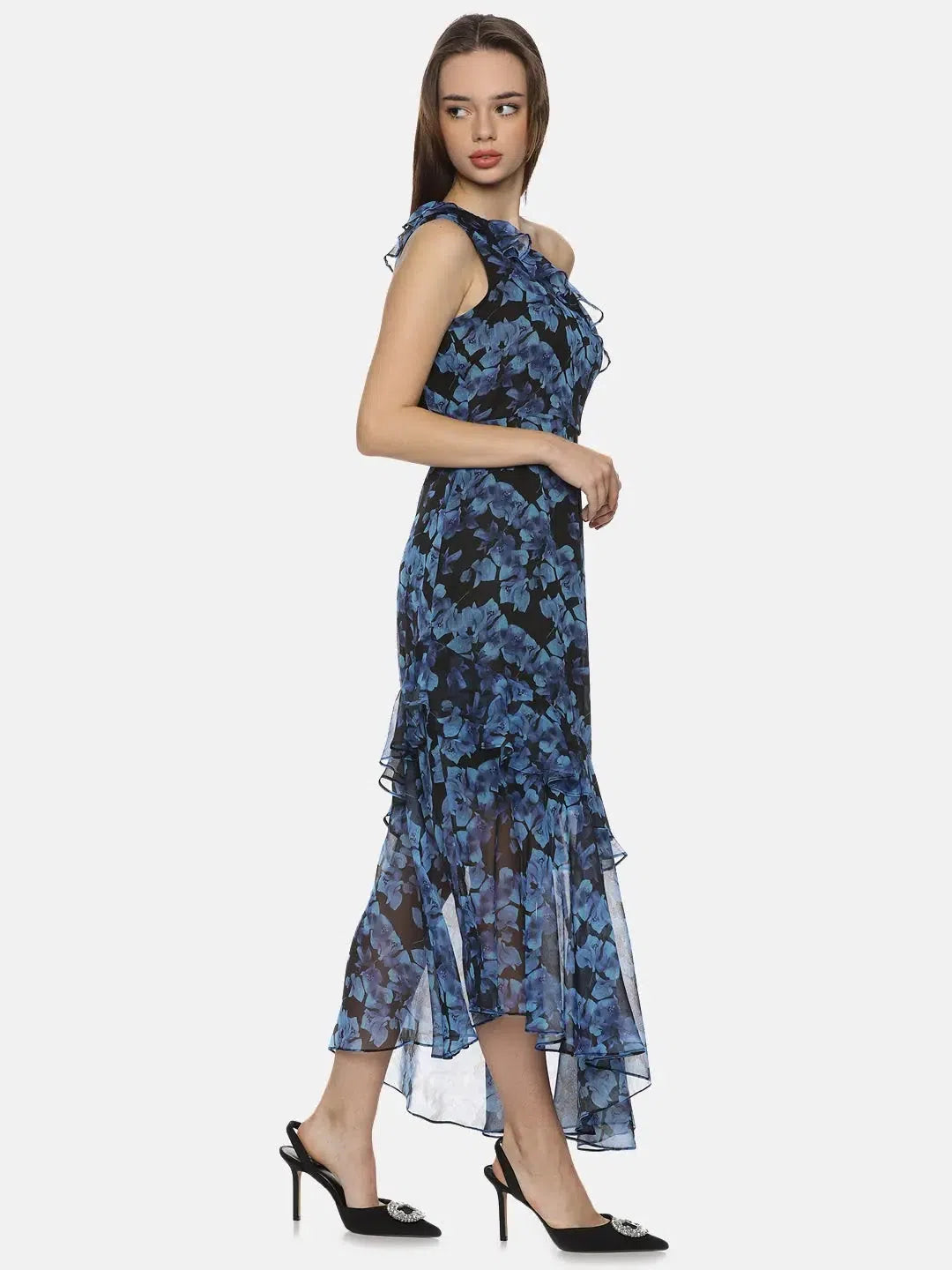 Women's Plus-Size Casual Outfit Floral Blue One Shoulder Asymmetrical Dress-17300