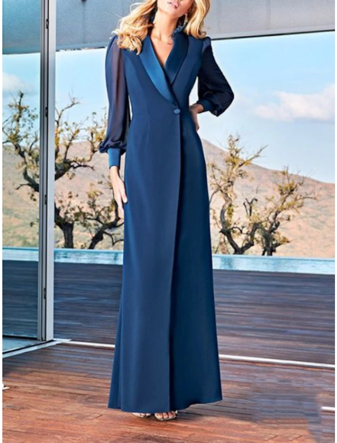 Women's Wardrobe Apparel Sheath / Column Mother of the Bride Dress Wedding Guest Party Simple Elegant V Neck Ankle Length Chiffon Long Sleeve with Solid Color