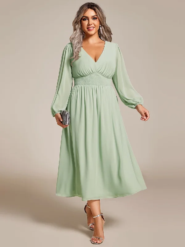 Women's Plus-Size Garments Plus Size Knee Length Chiffon Wholesale Wedding Guest Dresses With Long Sleeves