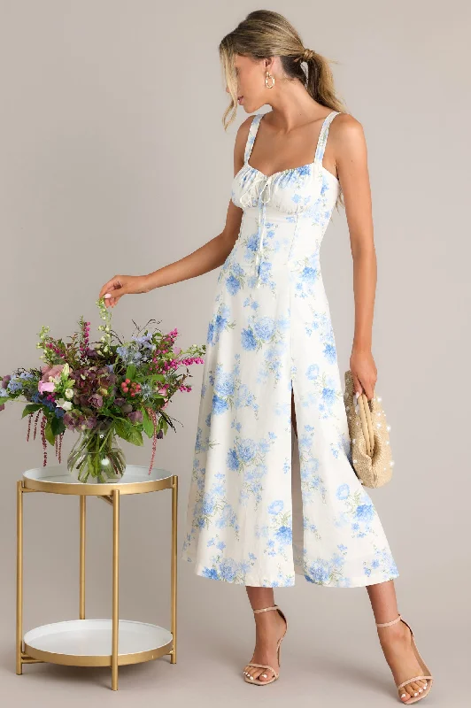 Women's Elegant Evening Outfit Skyward Bloom Ivory & Blue Floral Midi Dress