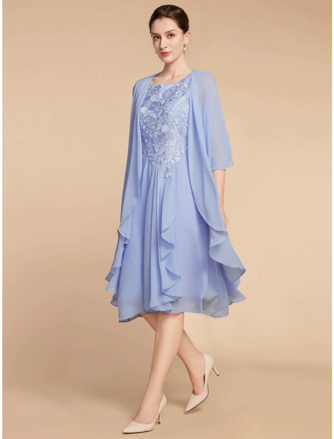 Stylish Outerwear Clothing For Women Two Piece Sheath / Column Mother of the Bride Dress Wedding Guest Elegant Petite Scoop Neck Knee Length Chiffon Lace Half Sleeve with Ruching Solid Color