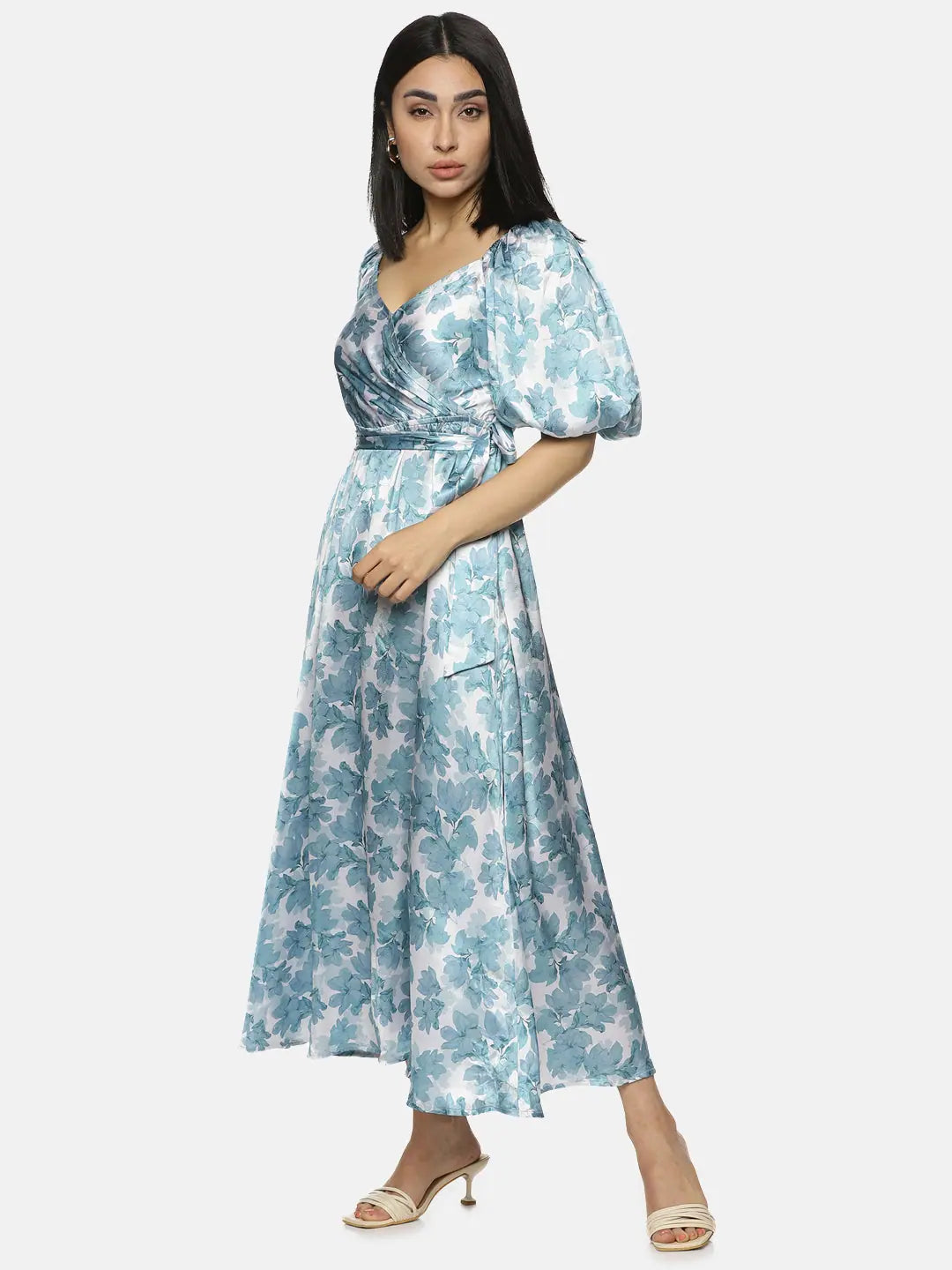 Women's Evening Outfit Floral Blue Wrap Midaxi Dress