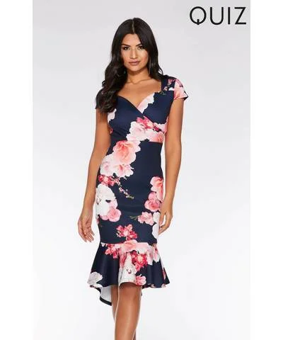 Women's High-End Clothing Floral Fish Tail Dress Navy