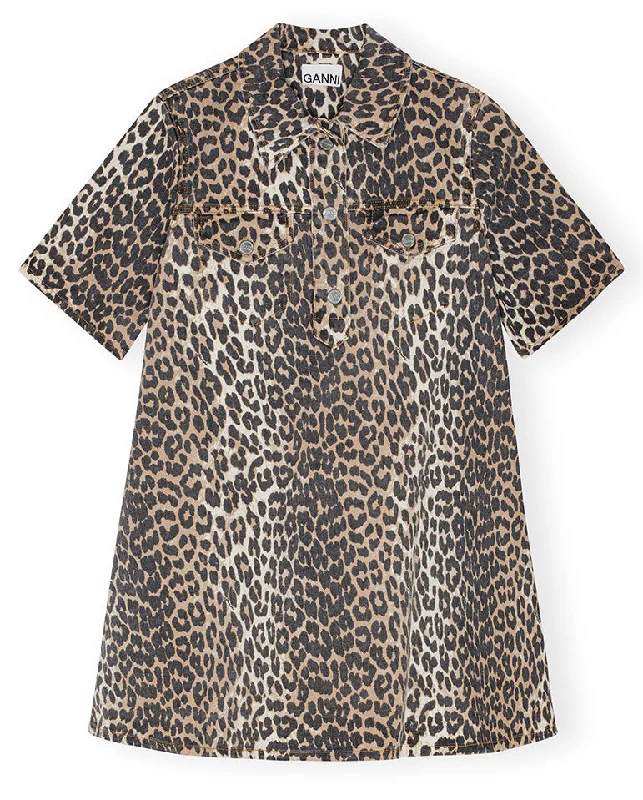 Women's Cozy Winter Attire Print Denim Mini Dress Leopard