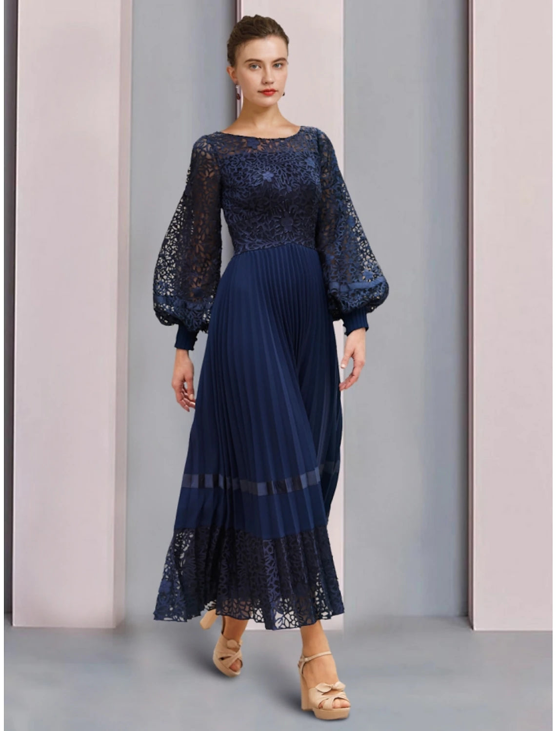 Women's Contemporary Clothing A-Line Mother of the Bride Dress Wedding Guest Elegant Scoop Neck Ankle Length Chiffon Lace Long Sleeve with Ruching Solid Color