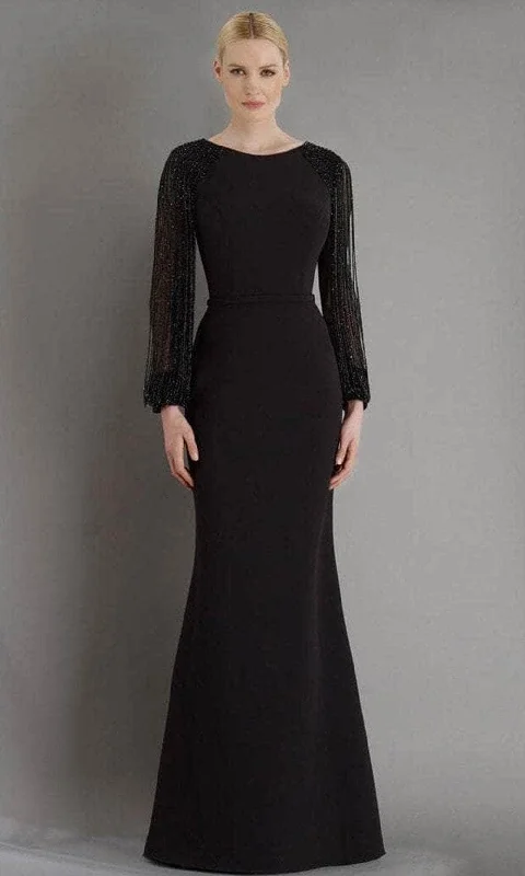 Comfortable Outfit For Women Janique - BSH-001 Bead-Draped Long Sleeve Sheath Gown In Black