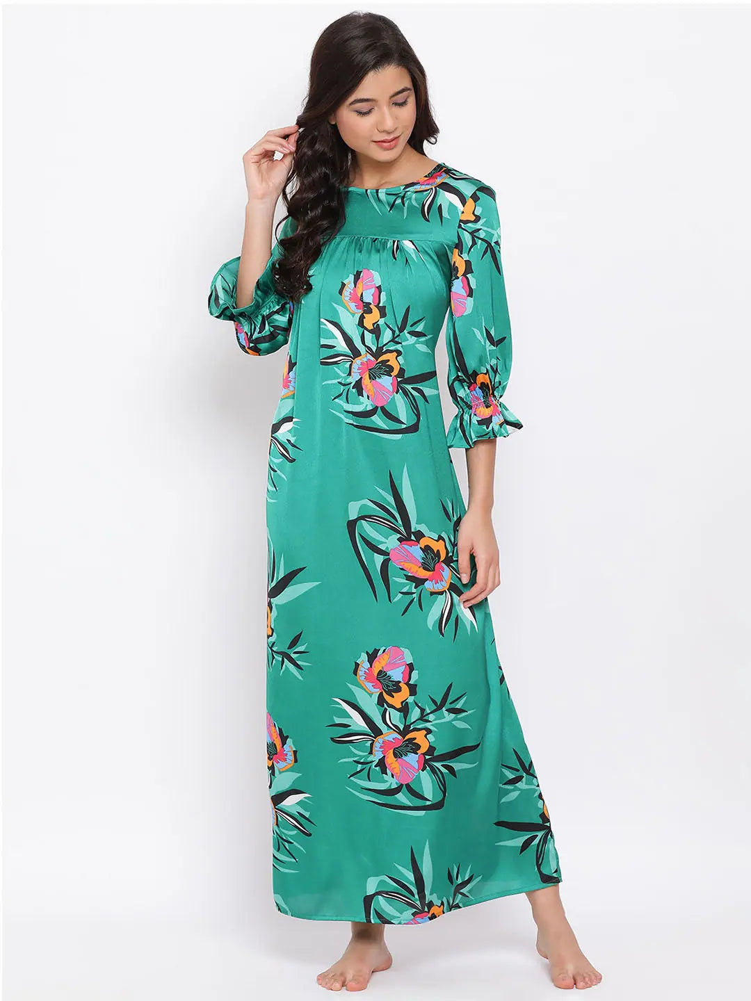 Women's Outerwear Garments Green Floral Nightwear Women Dress