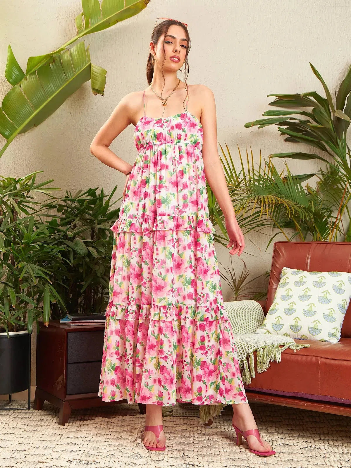 Luxury Women's Clothing Women Pink Floral Strappy Ruflle Maxi Dress