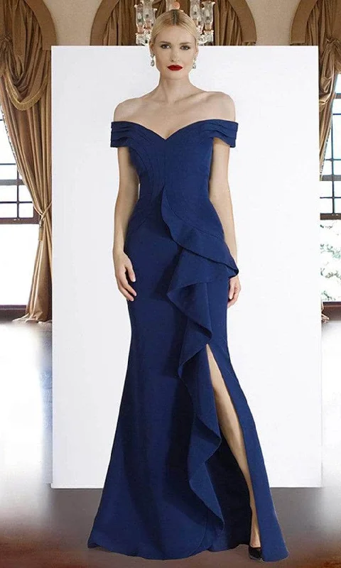 Women's Outfit Janique - V-Neck Pleated Trumpet Evening Gown K6876 - 1 pc Navy In Size 14 Available