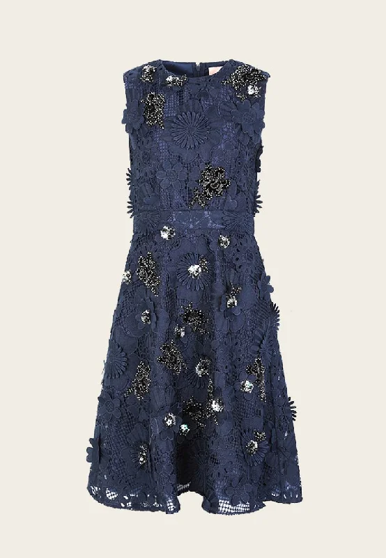 Women's Professional Clothes Dark Blue Floral Lace Cocktail Dress