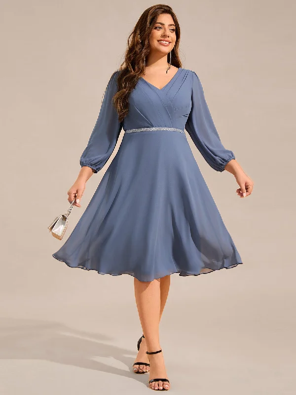 Women's Apparel Plus Size Elegant Midi Length Long Lantern Sleeves Chiffon Wedding Guest Dresses