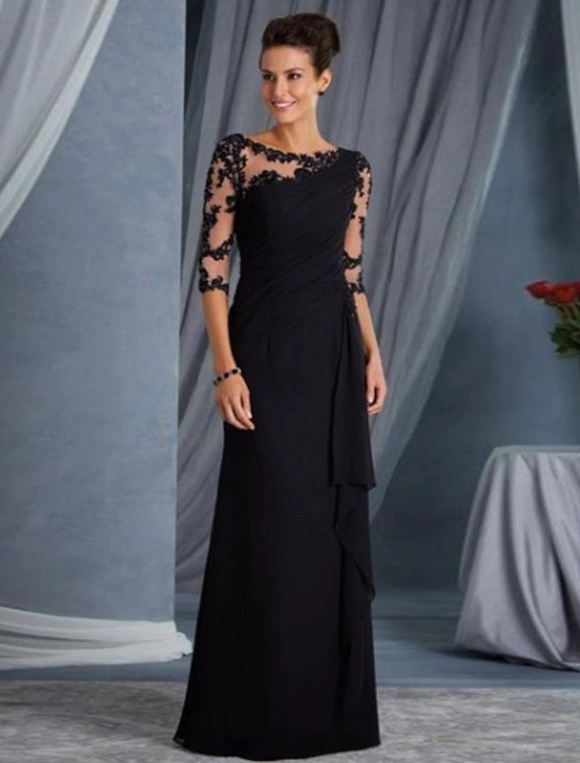 Women's Clothes And Apparel Sets Sheath Black Dress Plus Size Evening Gown Elegant Dress Formal Evening Floor Length Half Sleeve Jewel Neck Fall Wedding Guest Lace with Appliques