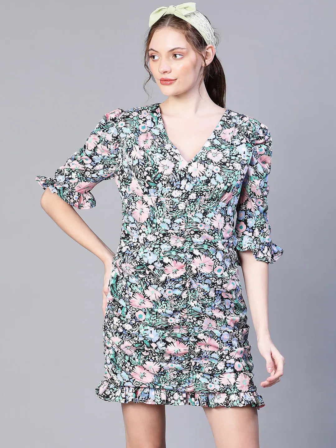 Formal Attire For Women Women Multicolor Floral Print Gather Pleated V-Neck Ruffle Dress