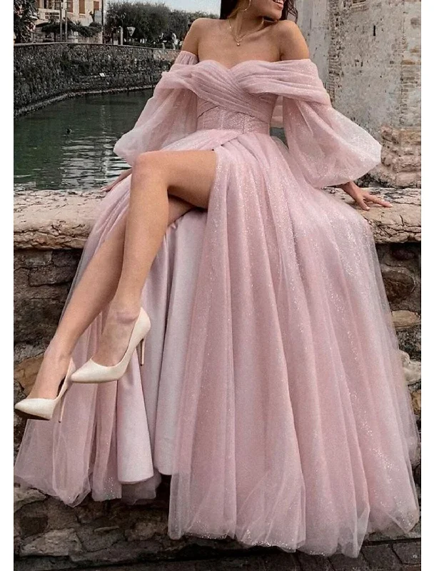 Charming Women's Clothes For Special Events A-Line Prom Dresses Corsets Dress Formal Wedding Party Dress Floor Length Long Sleeve Off Shoulder Tulle with Glitter Ruched Slit