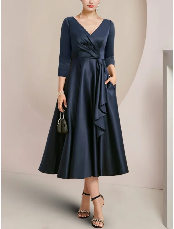 Women's Comfy Attire For Lounging A-Line Mother of the Bride Dress Wedding Guest Elegant Petite V Neck Tea Length Satin 3/4 Length Sleeve with Ruching Solid Color