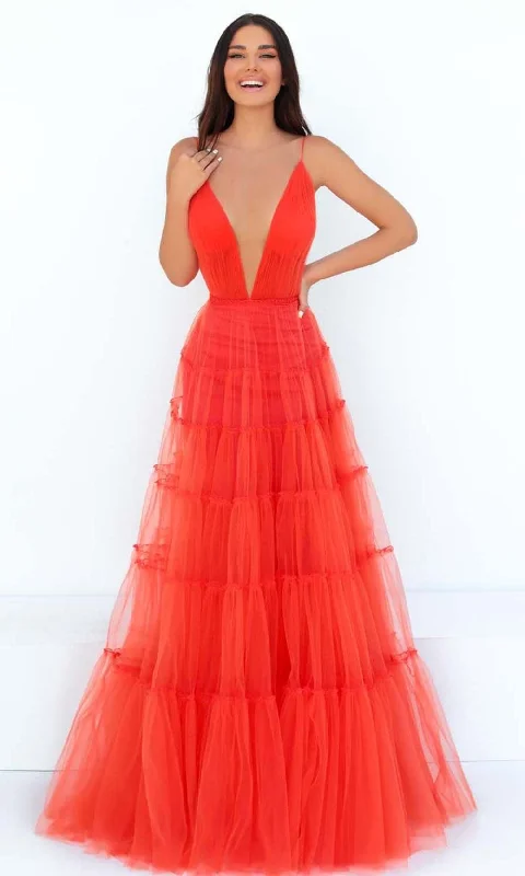 Women's Stylish Outdoor Outfit Tarik Ediz - 51125 Plunging V-Neck Tulle Gown