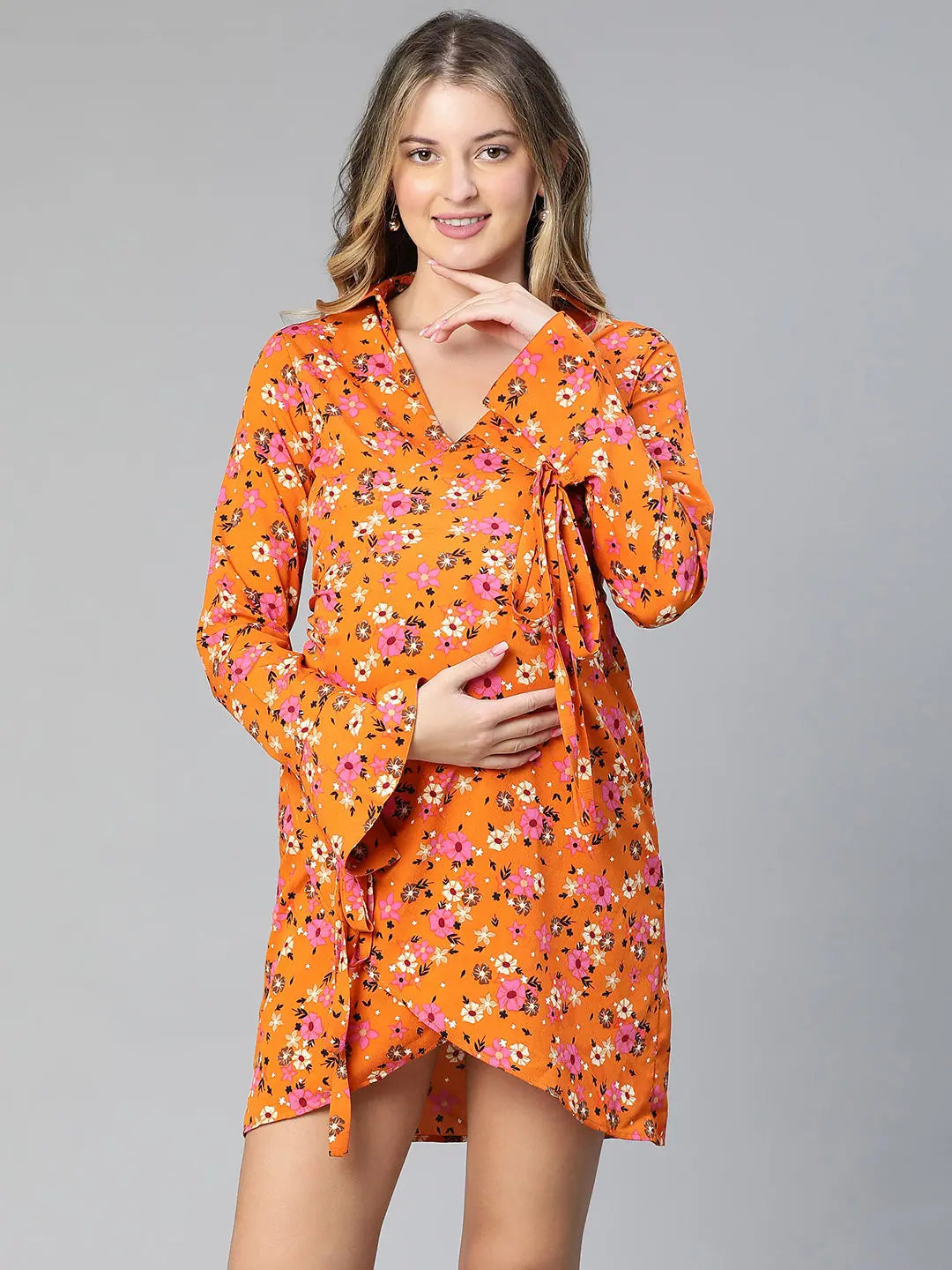 Women's Timeless Attire Women floral print over warrped bell sleeved orange maternity dress