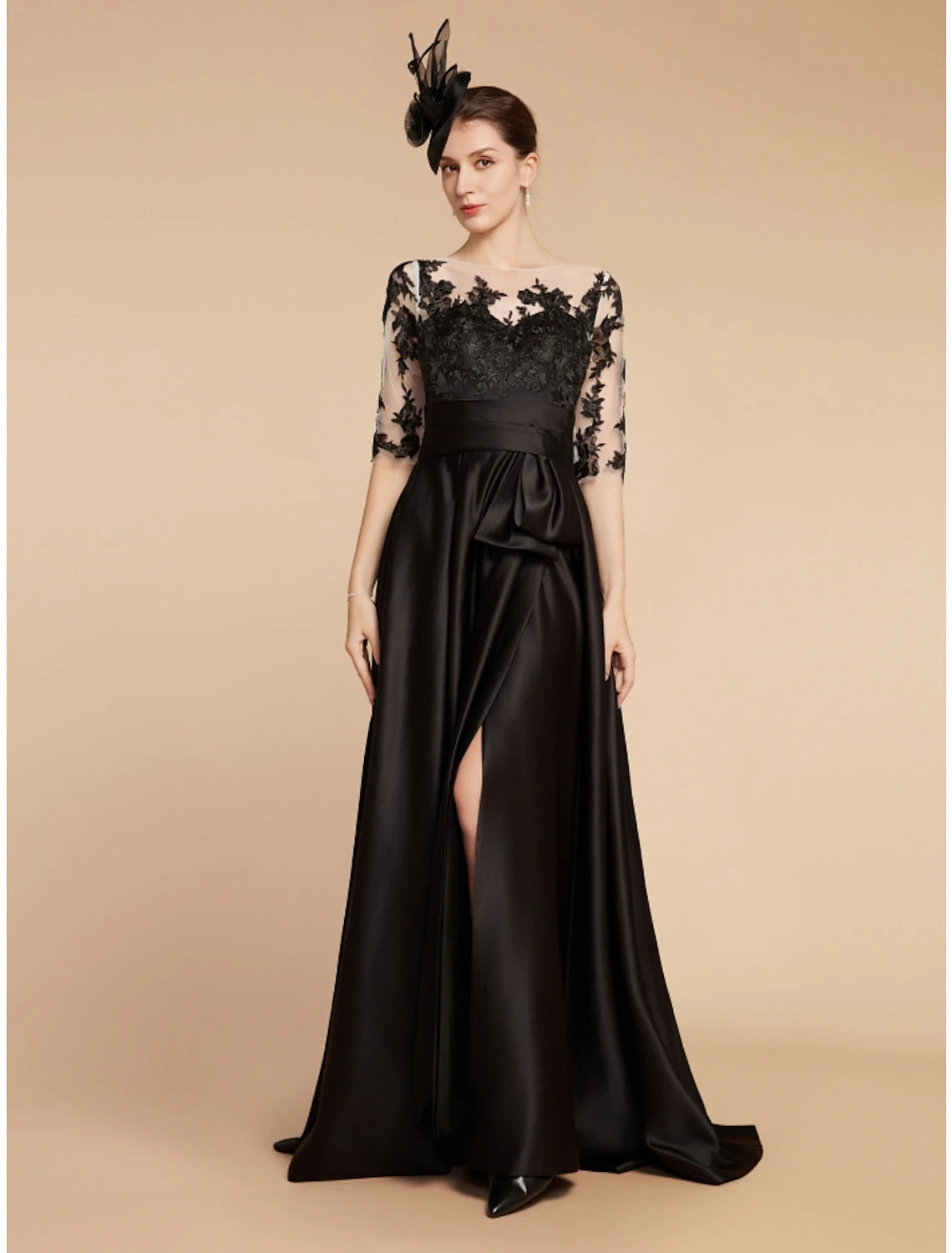 Women's Comfortable Clothes For Weekends A-Line Mother of the Bride Dress Wedding Guest Elegant Party Jewel Neck Sweep / Brush Train Satin Lace Half Sleeve with Split Front Ruching Solid Color