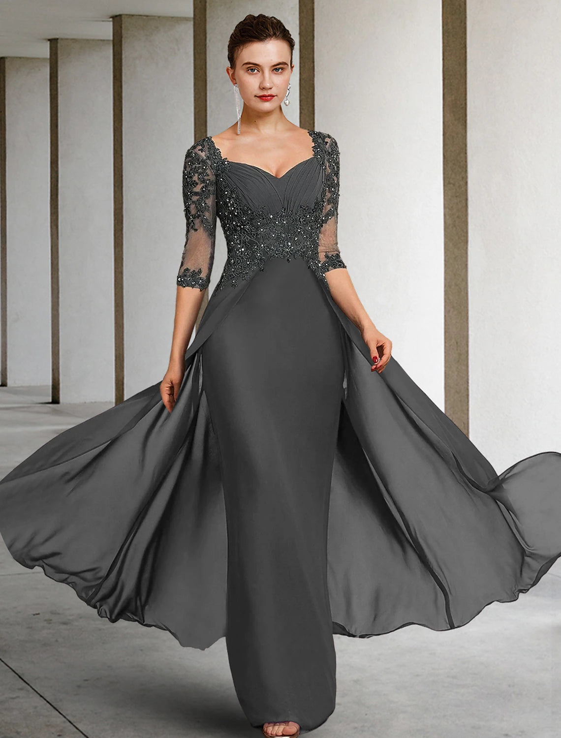 Women's Holiday Attire Sheath / Column Mother of the Bride Dress Formal Wedding Guest Party Elegant Square Neck Floor Length Chiffon Lace 3/4 Length Sleeve with Sequin Appliques Ruching