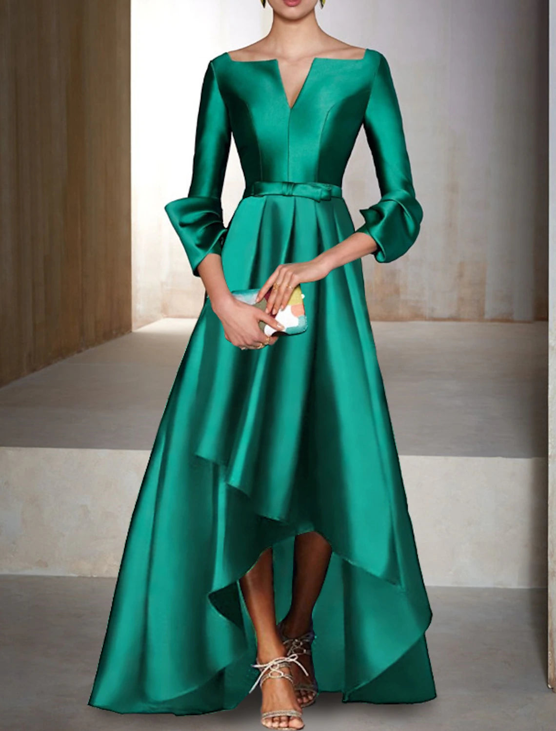 Women's Vintage Attire A-Line Evening Gown Elegant Dress Formal Wedding Guest Floor Length 3/4 Length Sleeve V Neck Satin with Bow(s)