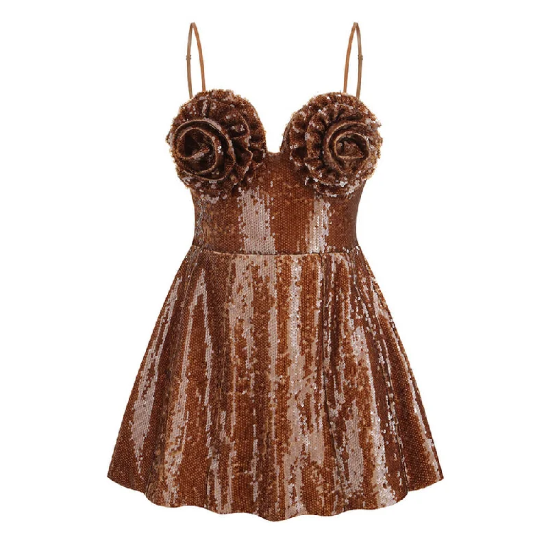 Women's Plus-Size Clothes Luxurious Spaghetti Strap Swirl Rosette Bustier Lace Up Sequin Mini Dress