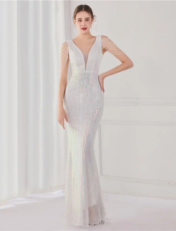 Women's Tailored Outfit Mermaid / Trumpet Evening Gown Elegant Dress Wedding Guest Floor Length Sleeveless V Neck Sequined V Back with Sequin