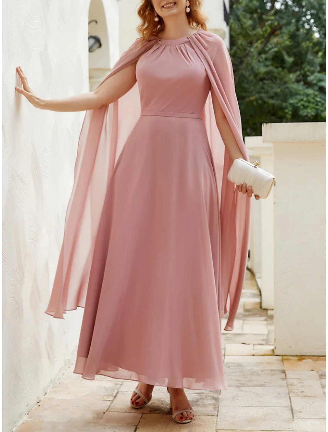 Women's Vintage Clothes A-Line Mother of the Bride Dress Wedding Guest Elegant Jewel Neck Ankle Length Chiffon Sleeveless with Ruching Solid Color