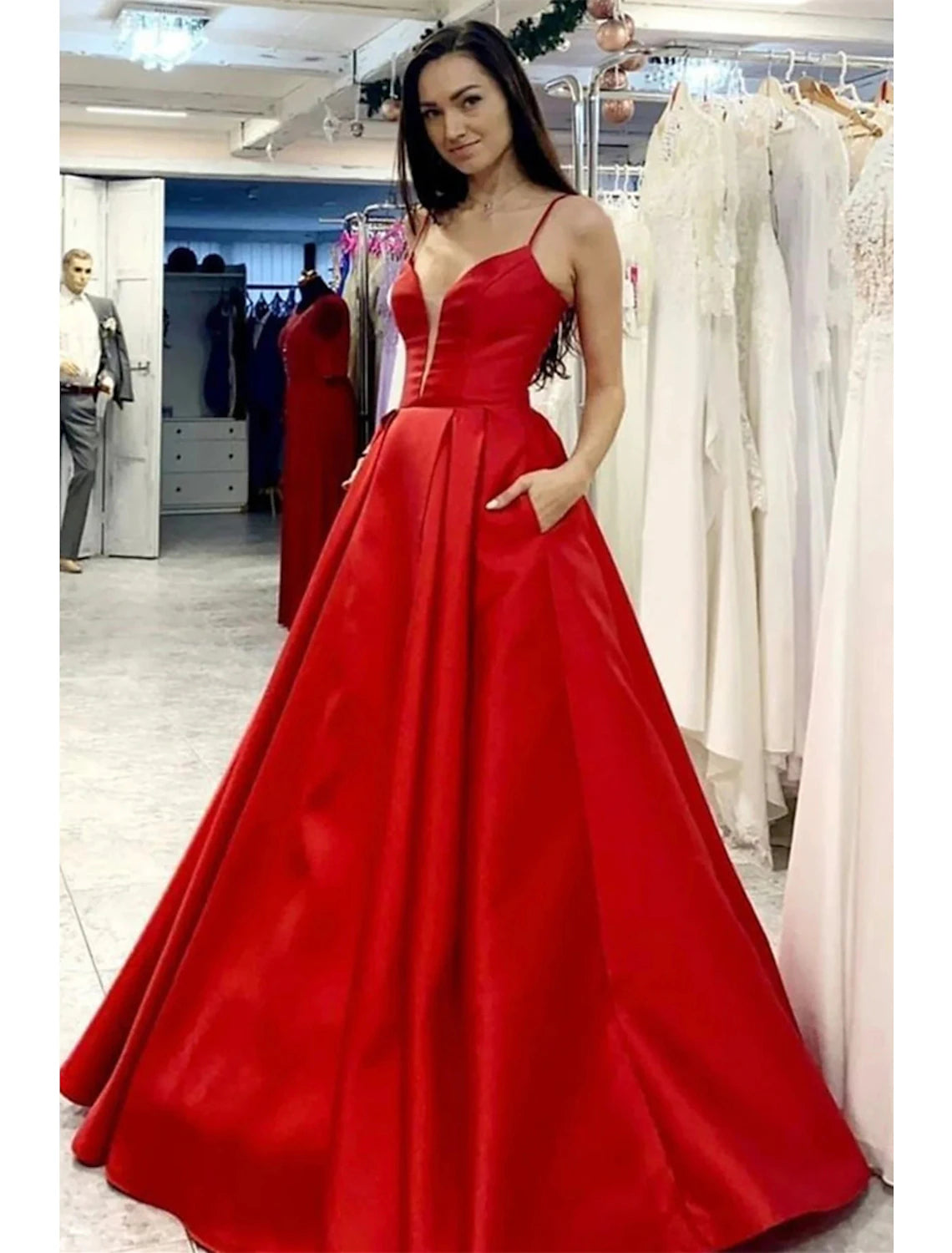 Women's Trendy Casual Clothes A-Line Prom Dresses Minimalist Dress Formal Wedding Party Floor Length Sleeveless V Neck Pocket Satin with Pleats