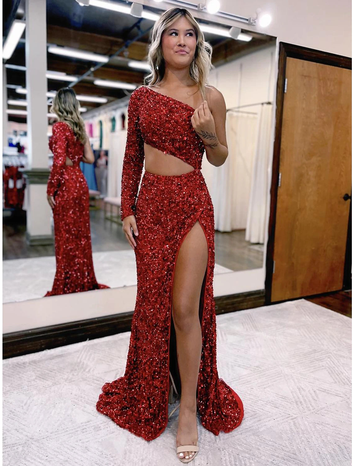 Elegant Clothing For Women Mermaid / Trumpet Prom Dresses Sparkle & Shine Dress Formal Wedding Party Court Train Long Sleeve One Shoulder Sequined Backless with Sequin Slit