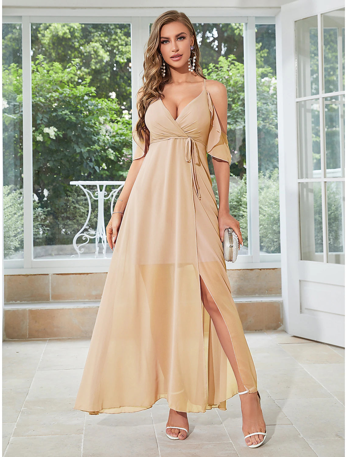 Women's Casual Garments A-Line Wedding Guest Dresses Elegant Dress Party Wear Wedding Party Ankle Length Sleeveless V Neck Chiffon with Ruffles Slit Strappy